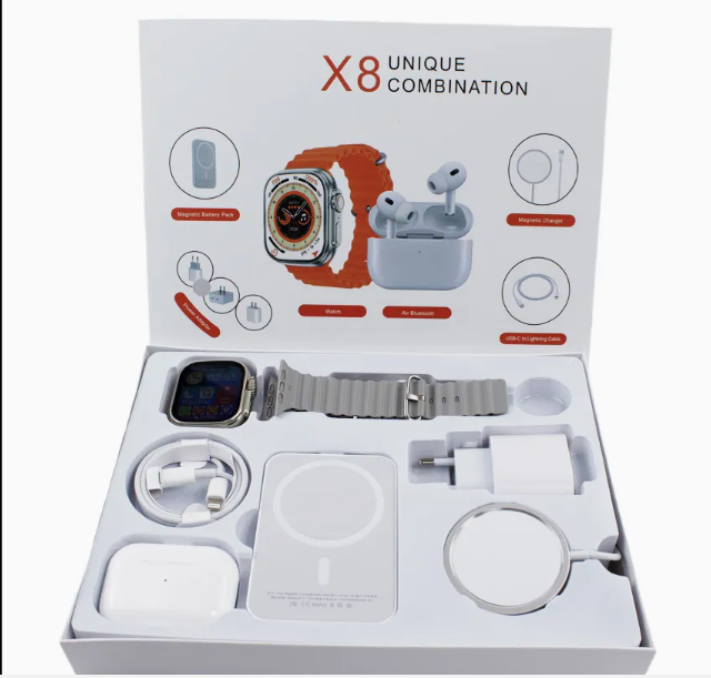 Pack Cadeau 8-1: Smartwatch + Powerbank + Écouteurs Bluetooth + Chargeur Externe + Chargeur+livraison en 48H-72H