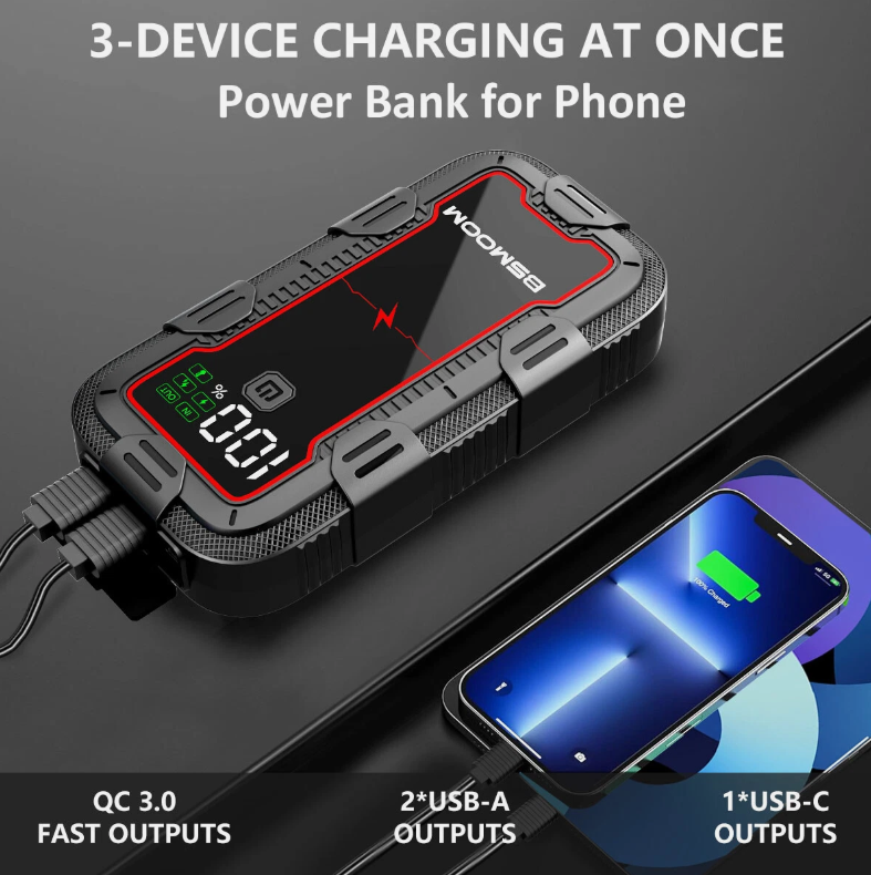 Booster Batterie Voiture 2000A Peak - Démarreur de Secours Portable avec Power Bank et Écran LCD | Auto Jumpstarter 12800mAh - Draagbare Starthulp met Power Bank en LCD-scherm