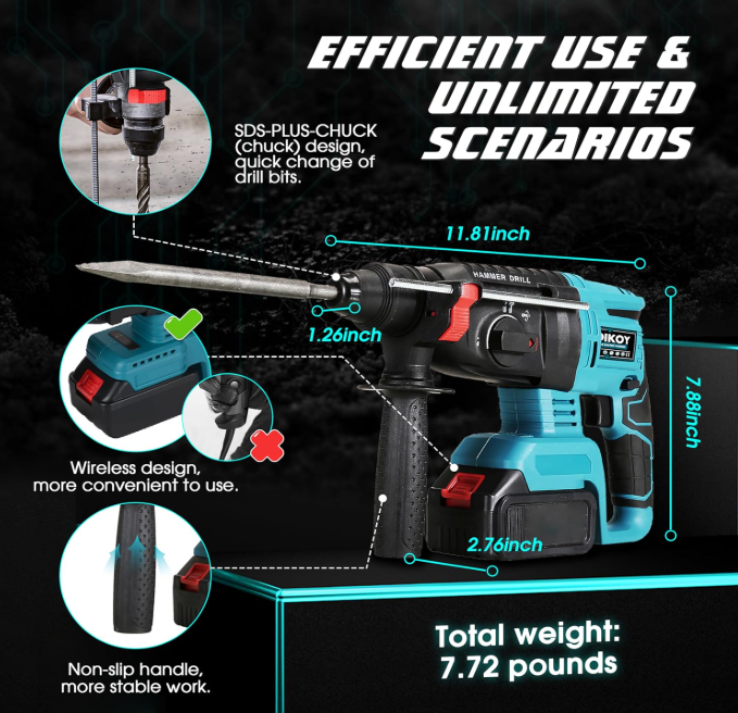 Perforateur Sans Fil AERBES 48V – Marteau Burineur Brushless + 2 Batteries NEUF | Draadloze Boorhamer AERBES 48V – Brushless Beitelhamer + 2 Accu's NIEUW