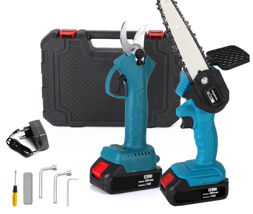 Sécateur Sans Fil + Tronçonneuse Électrique 6 Pouces 2-en-1 – Scie à Chaîne & Élagage Branches + Coffret | Draadloze Snoeischaar + Kettingzaag 6 Inch 2-in-1 – Elektrisch Tuingereedschap + Koffer
