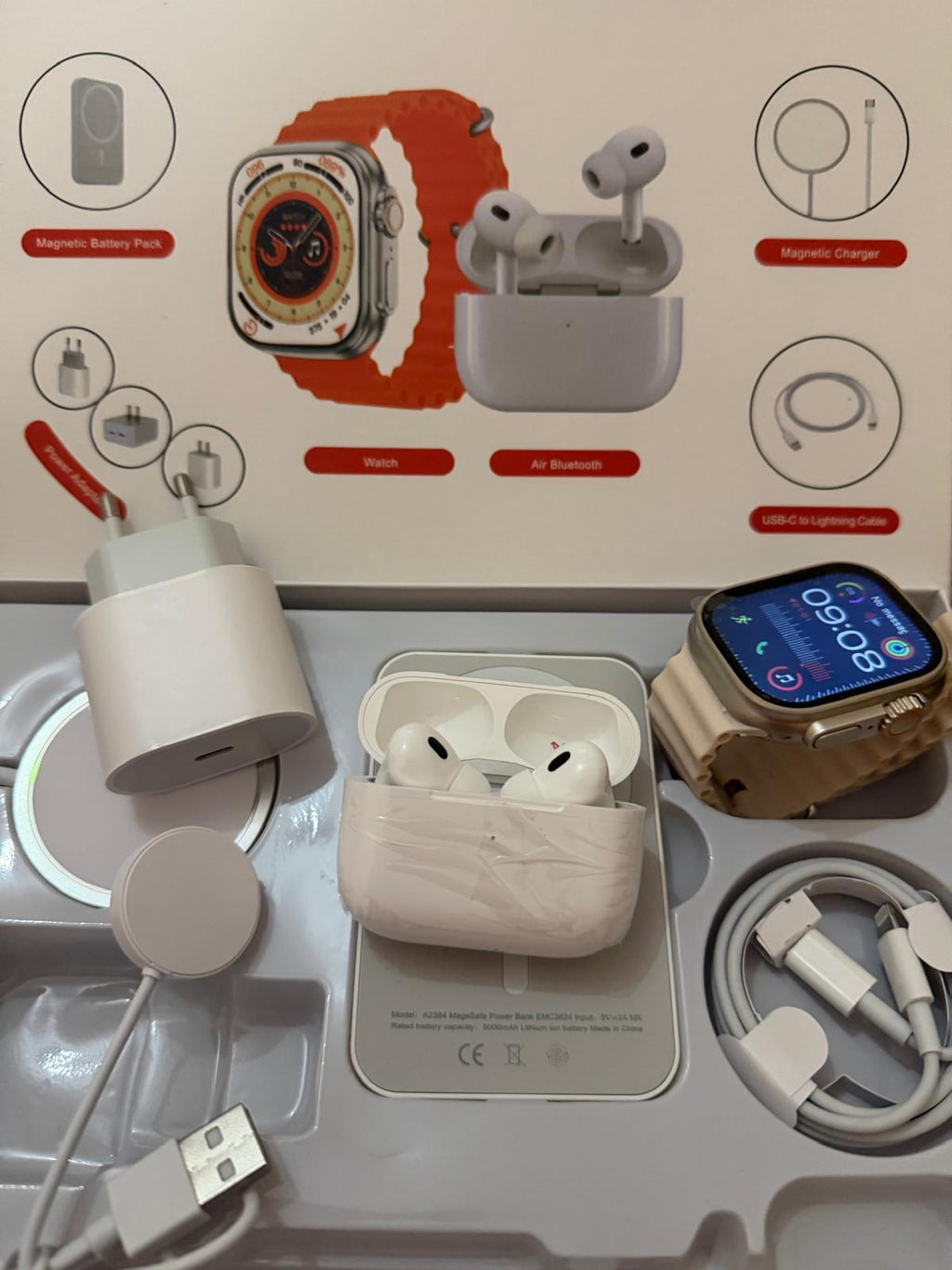 Pack Cadeau 8-1: Smartwatch + Powerbank + Écouteurs Bluetooth + Chargeur Externe + Chargeur+livraison en 48H-72H