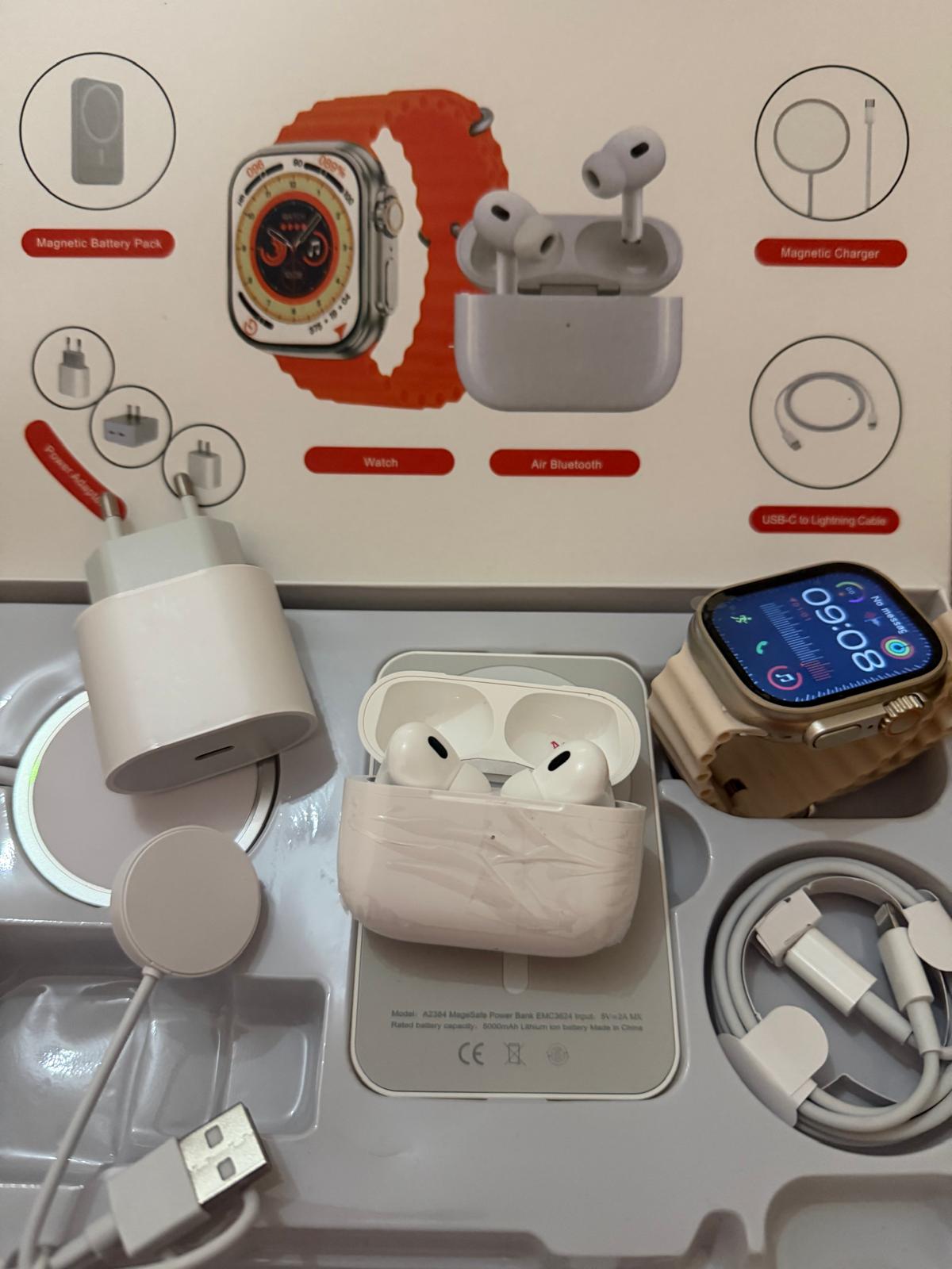 Pack Cadeau 8-1: Smartwatch + Powerbank + Écouteurs Bluetooth + Chargeur Externe + Chargeur+livraison en 48H-72H