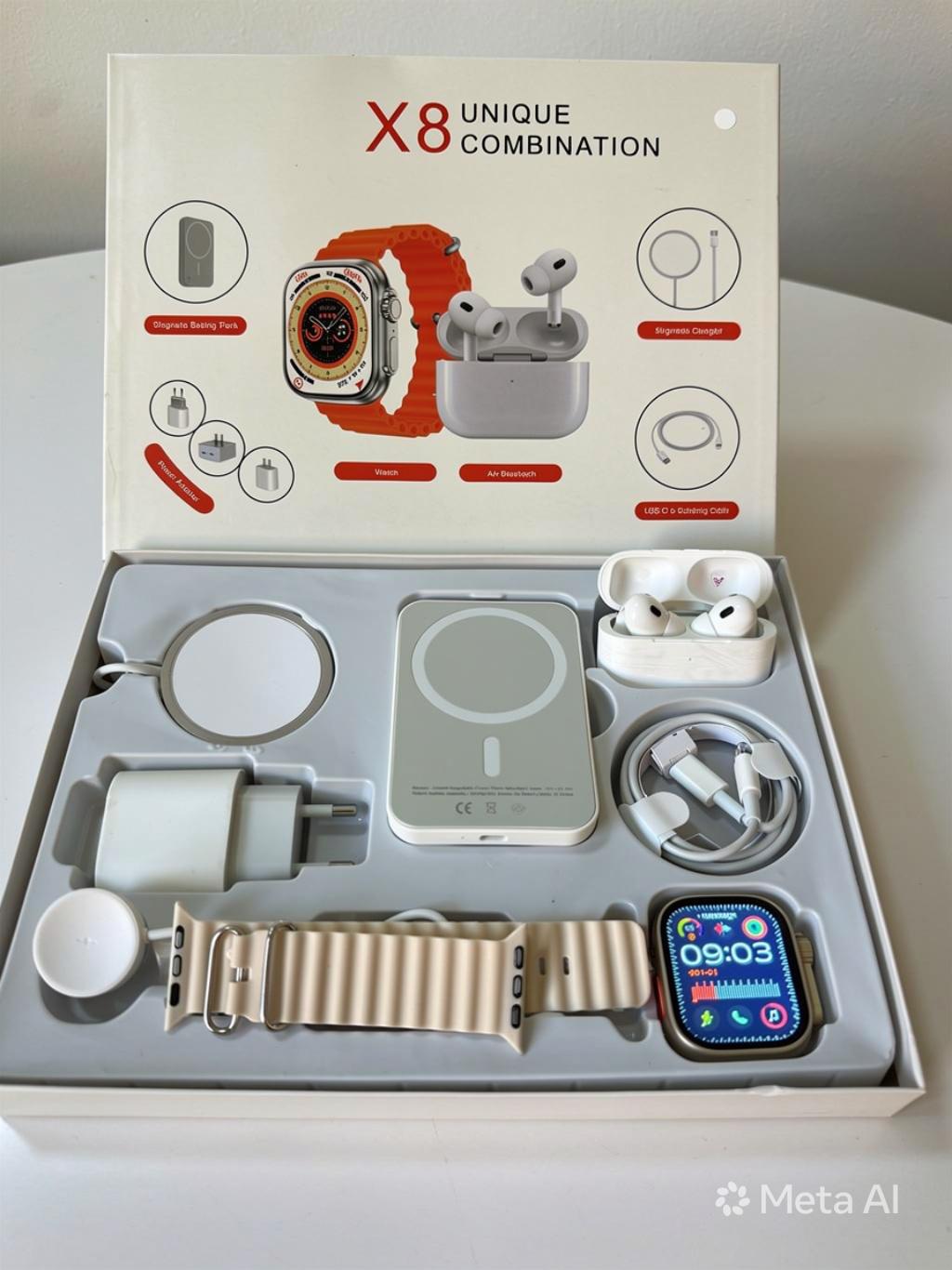 Pack Cadeau 8-1: Smartwatch + Powerbank + Écouteurs Bluetooth + Chargeur Externe + Chargeur+livraison en 48H-72H