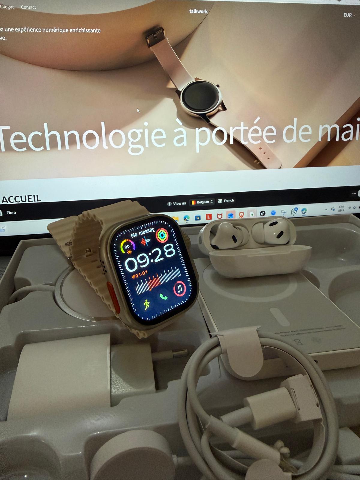 Pack Cadeau 8-1: Smartwatch + Powerbank + Écouteurs Bluetooth + Chargeur Externe + Chargeur+livraison en 48H-72H